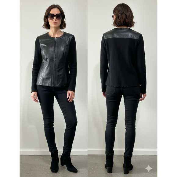 Jaclyn Smith Classic Transitional Black leather Ribbed knit light Jacket Large - Picture 1 of 8